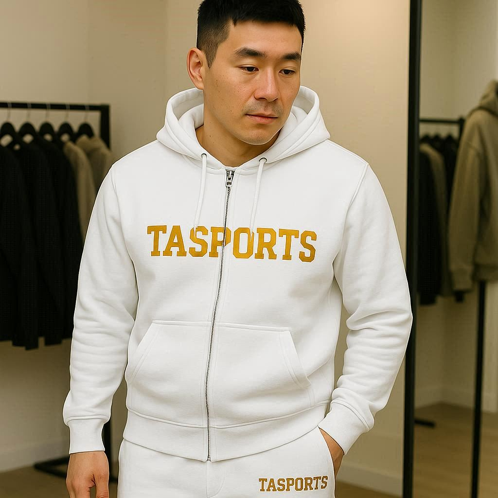 tuta jogging TASPORTS oro e bianca ricamata 100% cotone